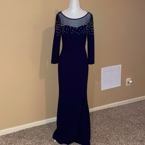 Karl Lagerfield Evening Gown, deep navy w/ pearl embellishments. Women’s Size 4